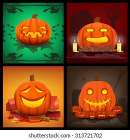 Four character carved pumpkin. Set of Halloween elements vector design. 