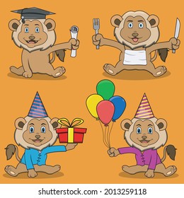 Four Character Lion, Graduation, gift, Balloon and Eat, Orange Colors Background, Mascot, Icon, Character or Logo, Vector and Illustration.