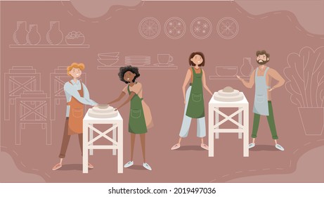 Four characters attending pottery workshop together. Perfect for flat cartoon video, web design, advertisment.