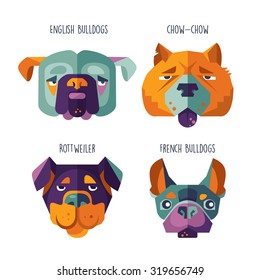 four characters of dogs, flat illustration on white background