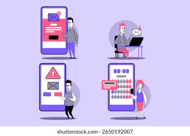 Four characters interacting with digital devices showing notifications, warnings, and scheduling activities. Online communication and task management concept