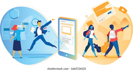 Four characters two at work and two on vacation. Modern flat vector illustration.