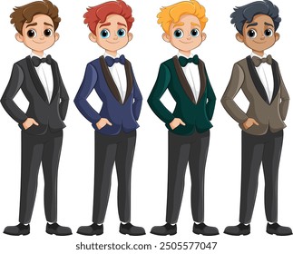 Four characters wearing colorful tuxedos and bow ties