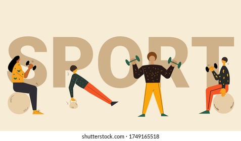 Four characters working out with sport text around. Young people doing workouts. Gym and fitness workouts and exercises. Cardio and stretching exercises. Vector illustration in modern colorful style.