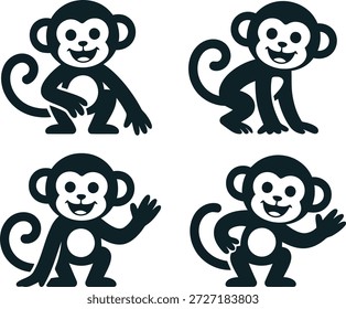 Cuatro encantadoras ilustraciones de mono negro con caras felices, representadas en diferentes posturas lúdicas, perfectas para temas lúdicos y contenido infantil.