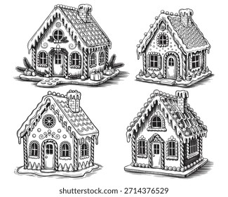 Cuatro encantadoras ilustraciones en blanco y negro de diferentes estilos de casas de Navidades con características arquitectónicas detalladas