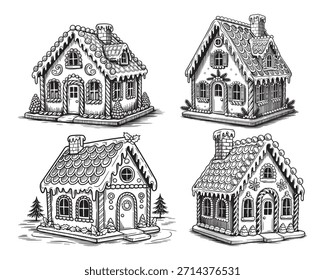 Cuatro encantadoras ilustraciones en blanco y negro de diferentes estilos de casas de Navidades con características arquitectónicas detalladas