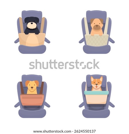 Four charming cartoon animals sitting in car seats, representing travel safety