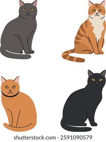 Four charming cats, each with distinct fur colors, sit gracefully, displaying unique personalities in a cheerful, minimalistic scene.