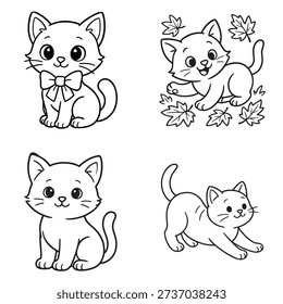 Four charming kittens: with bow tie, playing with leaves, sitting, stretching. Adorable cat outlines.