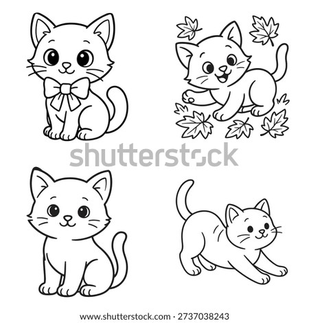 Four charming kittens: with bow tie, playing with leaves, sitting, stretching. Adorable cat outlines.