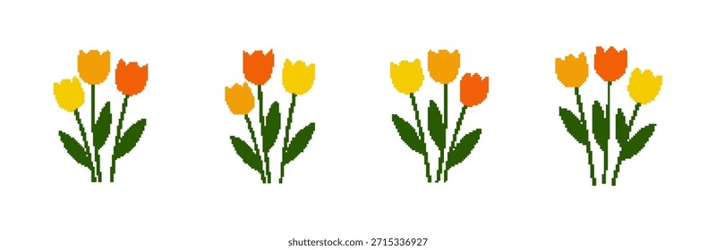 Four charming pixel art bouquets of tulips in vibrant yellow and orange, with green stems and leaves, on a clean white background. Perfect for retro spring designs or digital crafts.