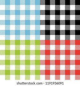 Four checkered tartan seamless pattern designs. Tablecloth checkered red, blue, green, black and white vector seamless pattern texture.
