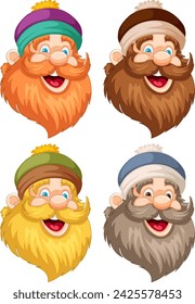 Four cheerful bearded men with different hats.
