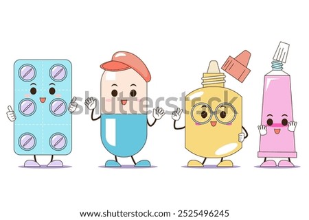 Four cheerful cartoon characters representing medicine packaging: a pill blister, capsule, bottle, and tube. Ideal for healthcare and pharmacy-related content.
