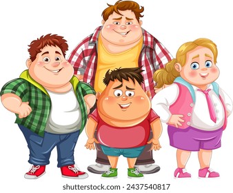 Four cheerful cartoon children smiling and standing.