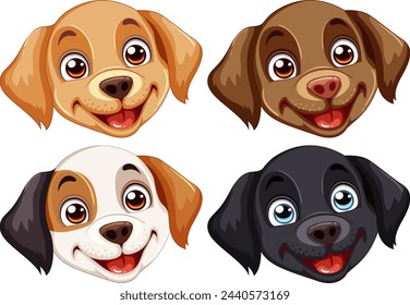 Four cheerful cartoon dog faces smiling.