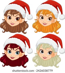 Four cheerful cartoon girls celebrating Christmas.