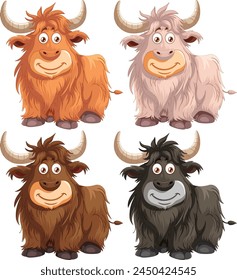 Four cheerful cartoon highland cattle illustrations.