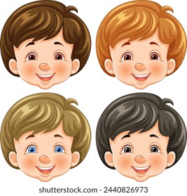 Four cheerful cartoon kids with different hairstyles