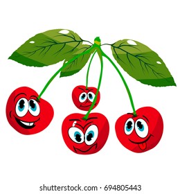 Four cheerful cherries on twigs, cartoon on a white background.vector