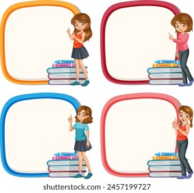 Four cheerful children with books presenting in frames