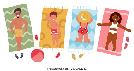 Four Cheerful Children Enjoying A Day At The Beach. Each Child Sunbathing On Colorful Towel, Radiating Happiness And Summer Vibes, With Beach Balls And Flip-flops Around, Enhancing Relaxed Atmosphere