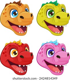 Four cheerful dinosaur heads with vibrant colors