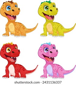 Cuatro alegres dinosaurios en colores vibrantes sonriendo.