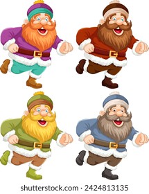 Four cheerful dwarves with distinct colorful clothing.