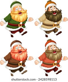 Four cheerful dwarves dressed in holiday costumes.