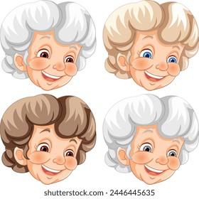 Four cheerful elderly ladies' illustrated portraits.