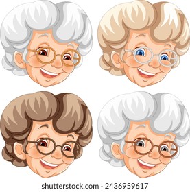 Four cheerful elderly women with glasses smiling.