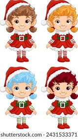 Four cheerful elves dressed in Christmas costumes.