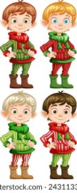 Four cheerful elves dressed in holiday outfits.
