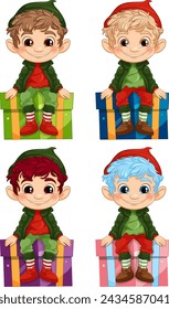 Four cheerful elves perched atop vibrant presents.