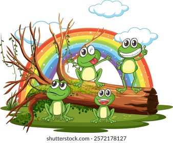 Four cheerful frogs with a rainbow background