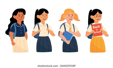 Four cheerful girls in uniform smiling and holding school supplies