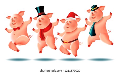 Four cheerful little piggies on white background. Chinese New Year. The year of the pig. Handmade drawing vector illustration. Can be used for posters, banners, illustrations, children's books etc.