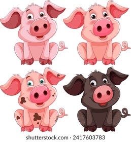 Four cheerful piglets illustrated in vibrant colors