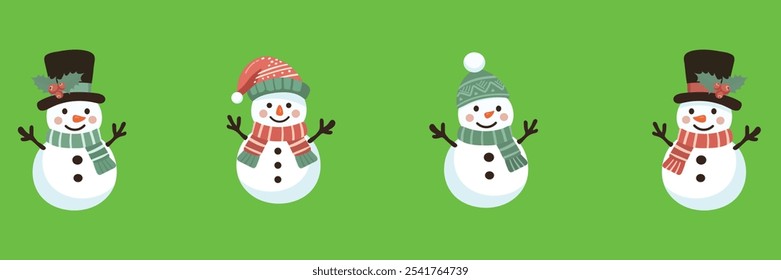 Four cheerful snowmen with different hats and scarves on a green background
