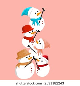 Four cheerful snowmen stack together, each wearing colorful hats and scarves. Their friendly expressions and playful poses radiate warmth against a soft pink backdrop, embodying the joy of winter.