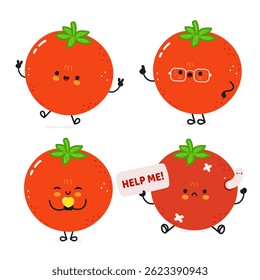 Four cheerful Tomato characters with various expressions, perfect for playful designs and concepts.