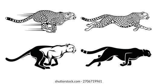 Cuatro guepardos se representan en diferentes poses de carrera en una Ilustración vectorial en blanco y negro que muestra velocidad y agilidad
