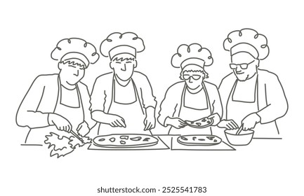 Four chefs are working together to make pizza. They are all wearing chef hats and aprons. The image has a lighthearted and fun mood. Hand drawn vector illustration. Black and white.