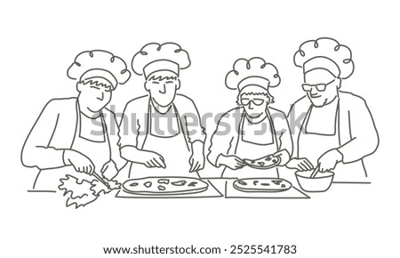 Four chefs are working together to make pizza. They are all wearing chef hats and aprons. The image has a lighthearted and fun mood. Hand drawn vector illustration. Black and white.