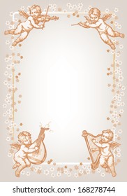 Four cherub playing music. Monochrome vertical vignette