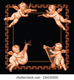 Four cherub playing music. Vignette on the black background