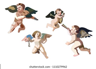 four cherubs playing on different musical instruments