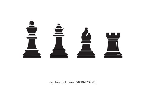 Four chess pieces rendered in bold monochrome silhouette